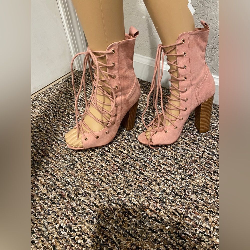 🔥Sexy chunky heel Faux Suede pink open toe lace up Booties Shoes sz 5.5🔥
